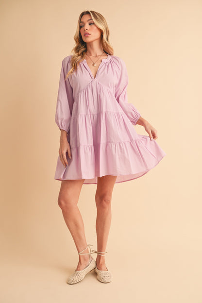 Aemi + Co Notched Balloon Sleeve Tiered Mini Dress-sassyexpress
