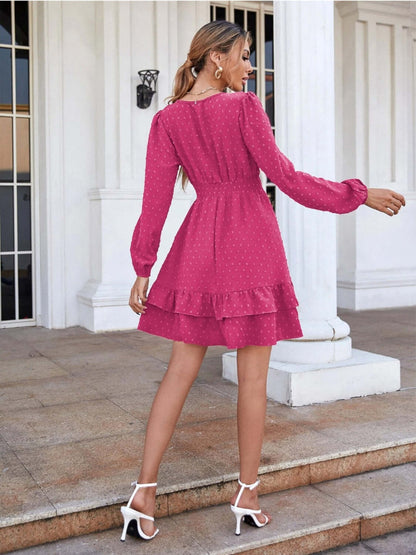 Swiss Dot Surplice Smocked Ruffle Hem Dress-sassyexpress