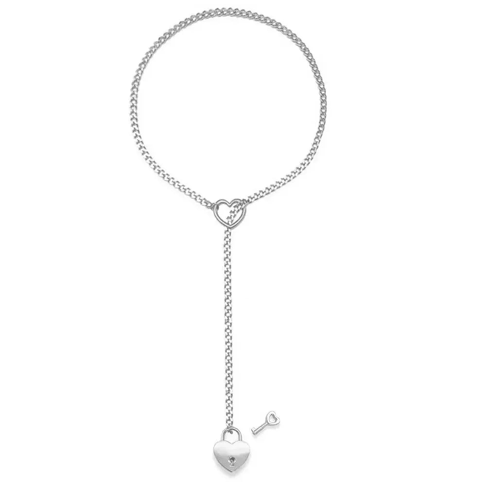 Adjustable Heart O-Ring Punk Rock Cuban Chain Necklace – Lariat Y-Style Necklace with Key & Heart Lock Pendant-sassyexpress