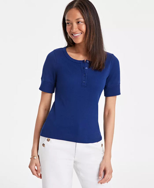 Women'S Short Sleeve Ribbed Henley Tee, Exclusively at Macy'S