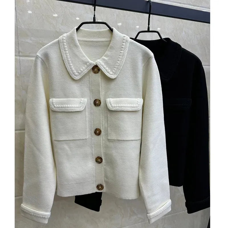 608 2024 Runway Spring Summer Brand Same Style Sweater Long Sleeve Lapel Neck Black White Cardigan Fashion Womens Clothes High Quality Womens Renjie-sassyexpress