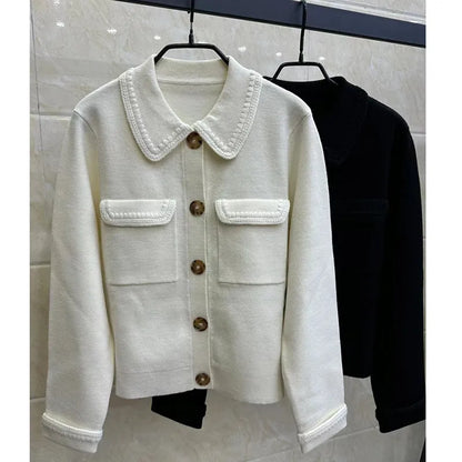 608 2024 Runway Spring Summer Brand Same Style Sweater Long Sleeve Lapel Neck Black White Cardigan Fashion Womens Clothes High Quality Womens Renjie-sassyexpress