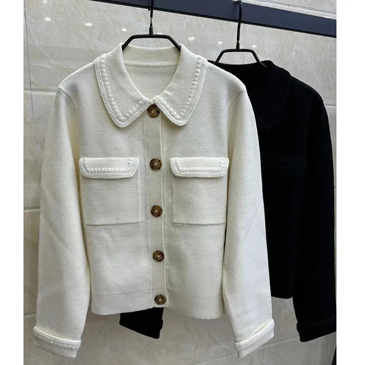 608 2024 Runway Spring Summer Brand Same Style Sweater Long Sleeve Lapel Neck Black White Cardigan Fashion Womens Clothes High Quality Womens Renjie-sassyexpress