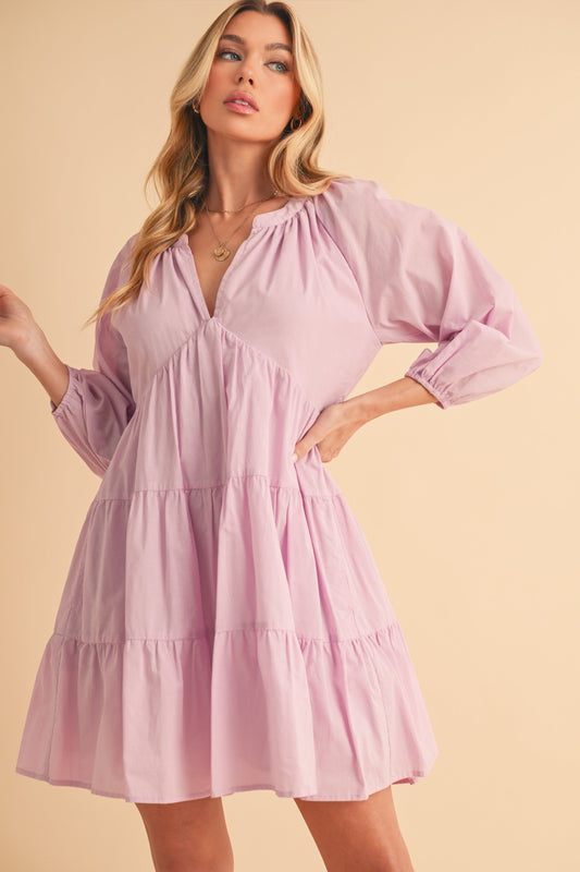 Aemi + Co Notched Balloon Sleeve Tiered Mini Dress-sassyexpress