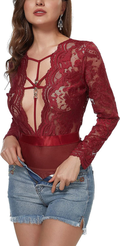 Women Lace Bodysuit Sexy Snap Crotch Long Sleeve Deep V Teddy Lingerie Tops-sassyexpress