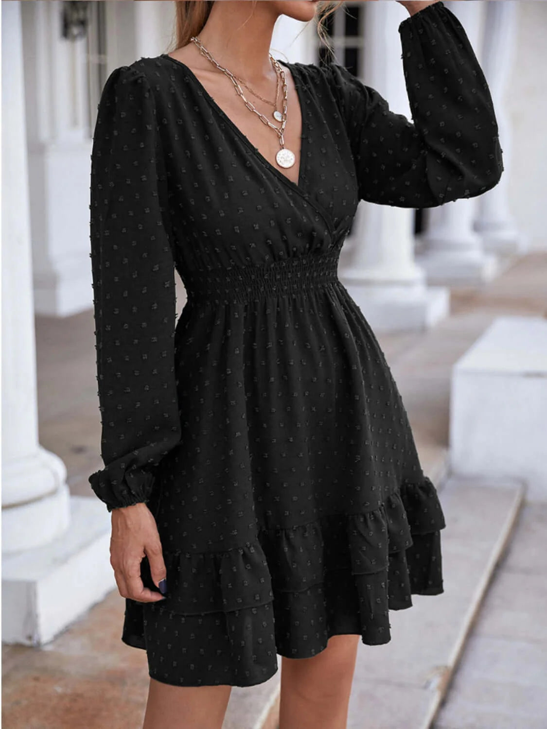 Swiss Dot Surplice Smocked Ruffle Hem Dress-sassyexpress