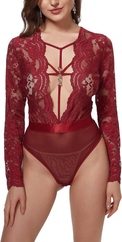 Women Lace Bodysuit Sexy Snap Crotch Long Sleeve Deep V Teddy Lingerie Tops-sassyexpress