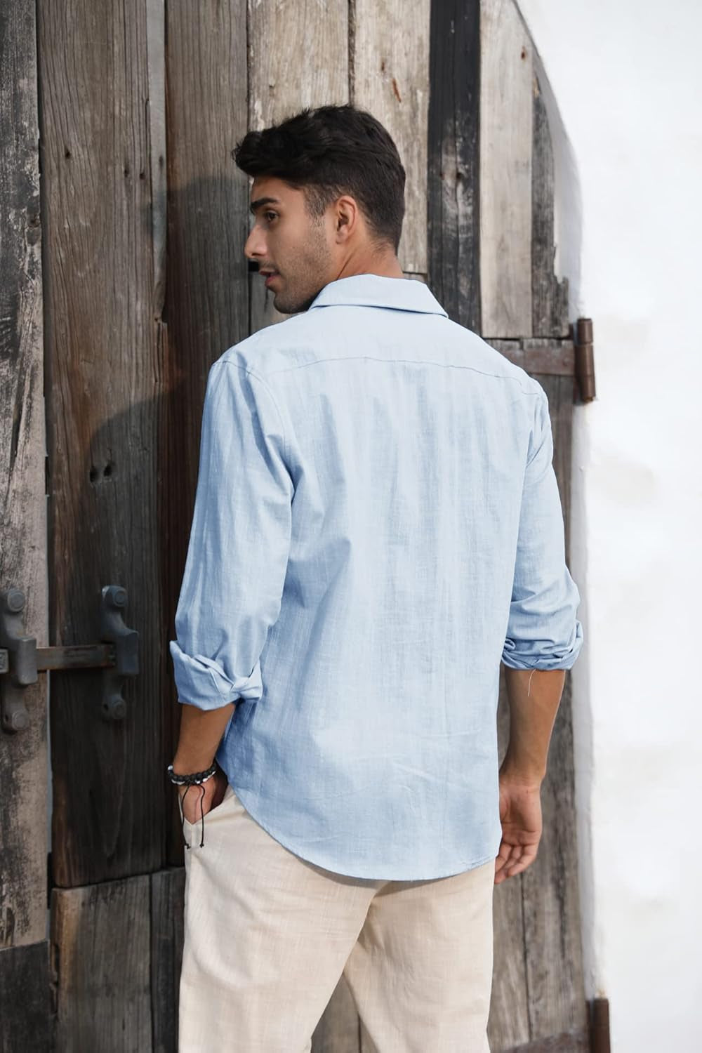 Mens Button down Shirt Linen Cotton Shirts Casual Long Sleeve Spread Collar Lightweight Beach Plain Tops-sassyexpress