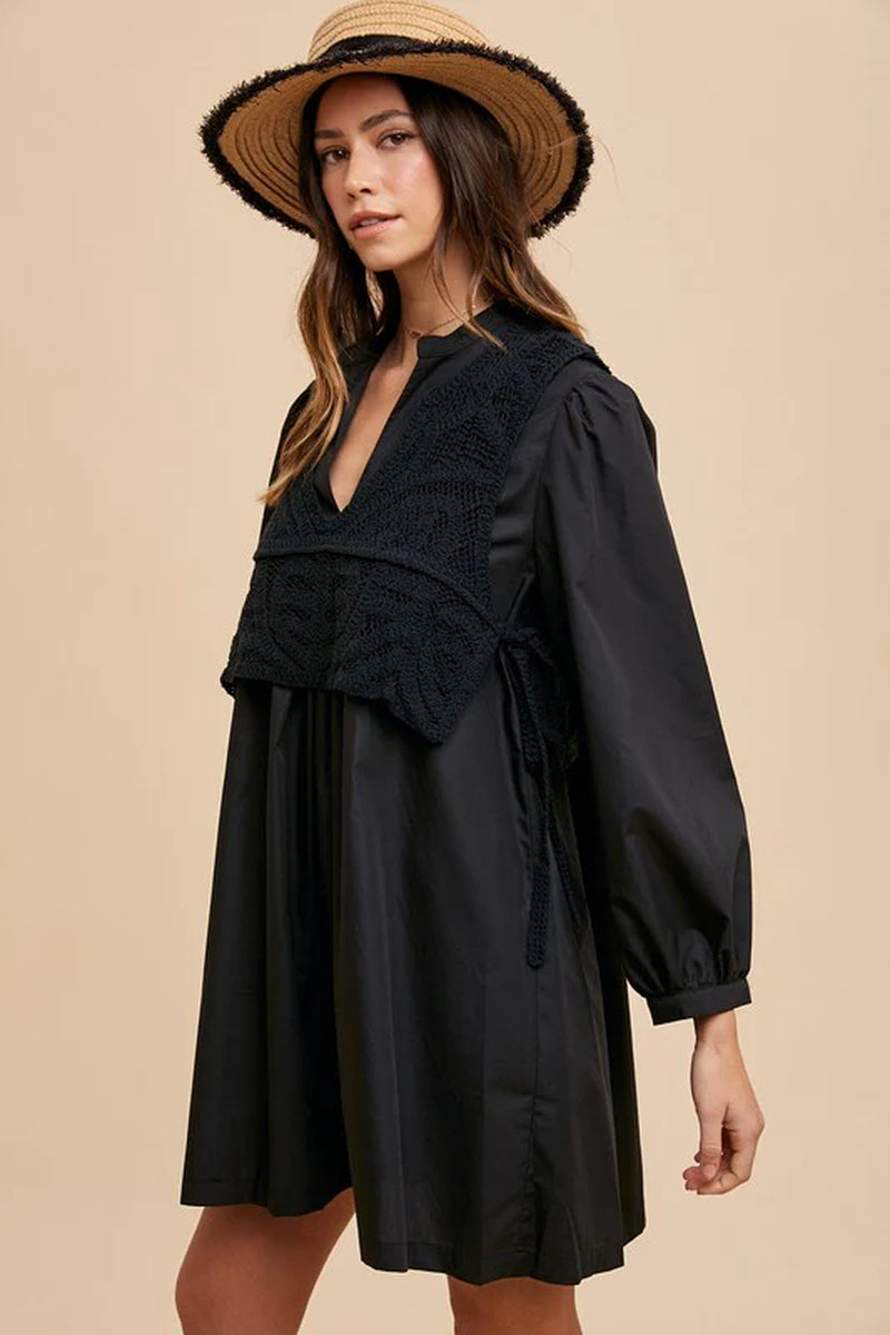 Annie Wear Crochet Vest Notched Long Sleeve Shirt Dress-sassyexpress