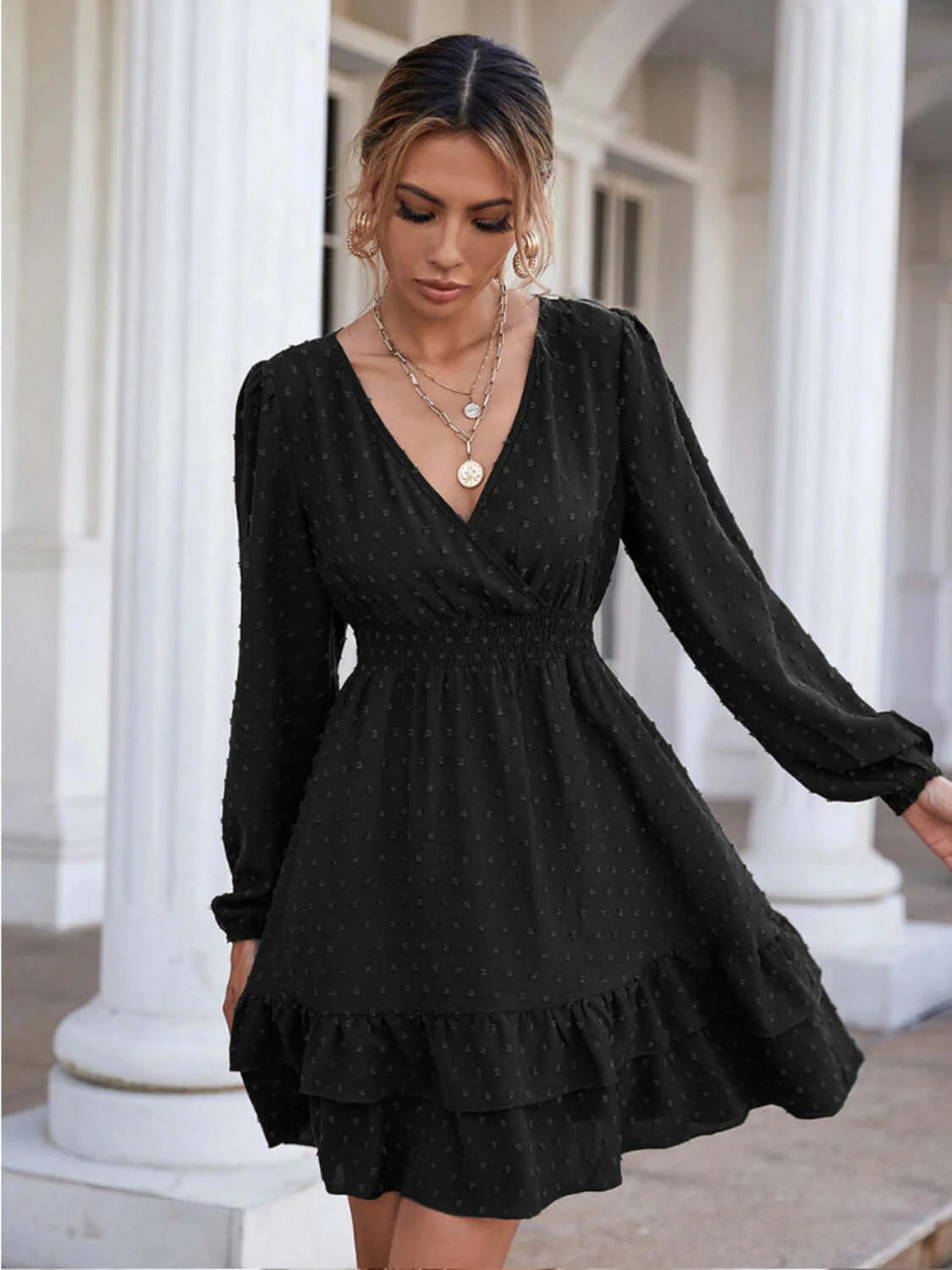 Swiss Dot Surplice Smocked Ruffle Hem Dress-sassyexpress