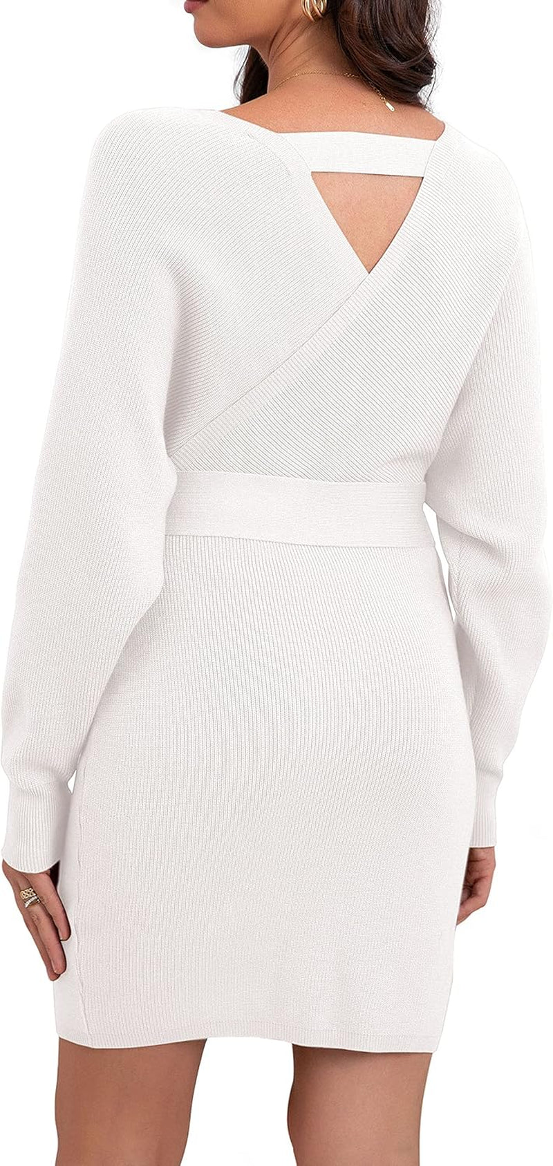 Women'S V Neck Batwing Long Sleeve Sexy Backless Wrap Bodycon Cocktail Pullover Sweater Mini Dress with Belt