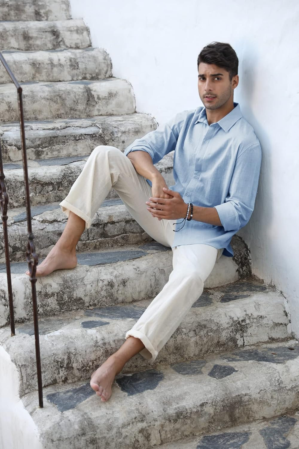 Mens Button down Shirt Linen Cotton Shirts Casual Long Sleeve Spread Collar Lightweight Beach Plain Tops-sassyexpress