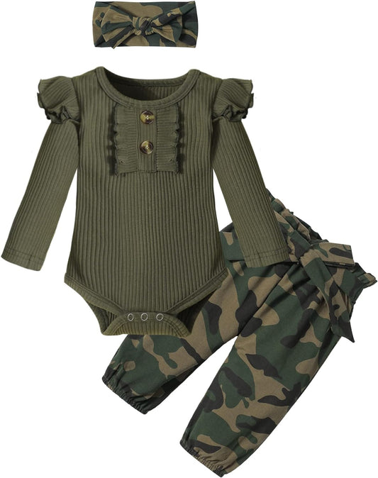 Newborn Baby Girl Clothes Ribbed Ruffle Sleeve Romper + Floral Pants + Headband Cute Infant Baby Girl Outfit 3Pcs-sassyexpress