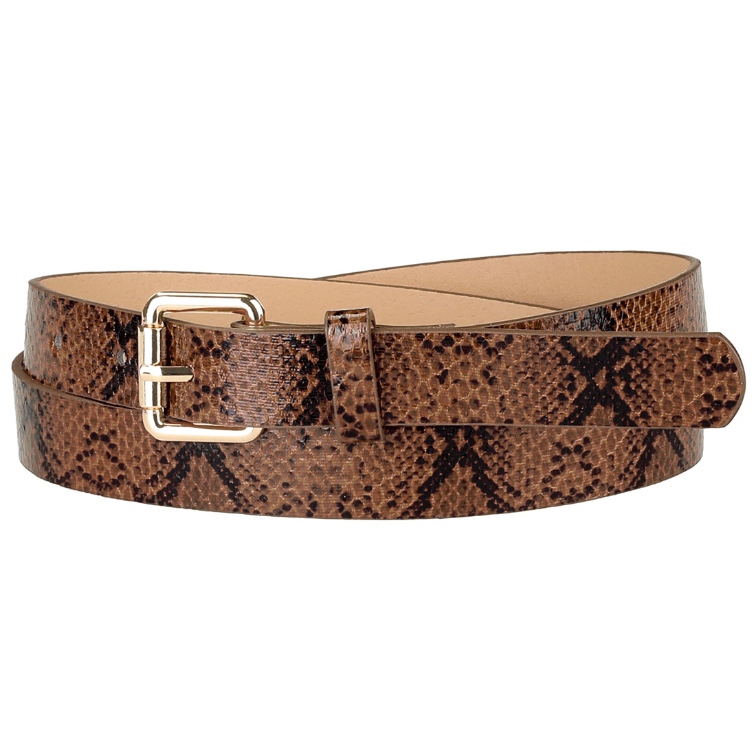 Women Slim Thin Waist Belt, Snakeskin Embossed Faux Leather Skinny Belts Waistband for Jeans Pants Camel 74-89Cm/29.13-35.04"-sassyexpress