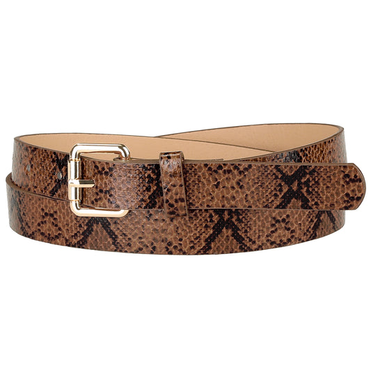 Women Slim Thin Waist Belt, Snakeskin Embossed Faux Leather Skinny Belts Waistband for Jeans Pants Camel 74-89Cm/29.13-35.04"-sassyexpress