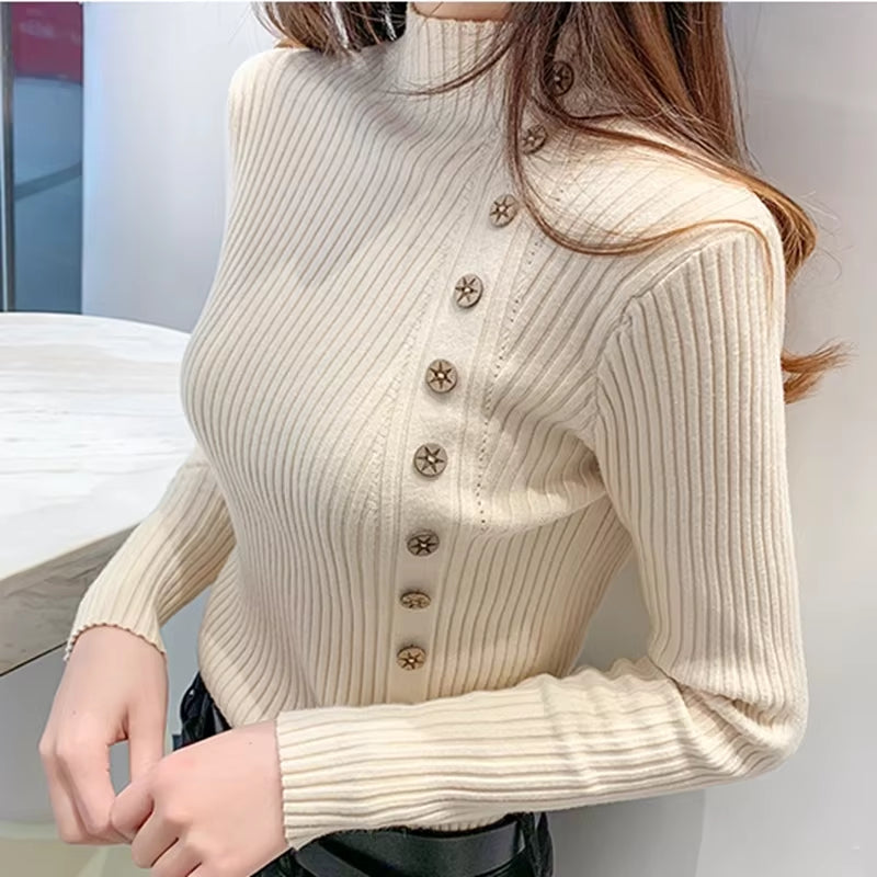 Women Knitted Winter Pullovers 2024 Fashion Long Sleeve White Black Sweaters Turtleneck Korean Clothes Elegant Pink Ladies Tops-sassyexpress