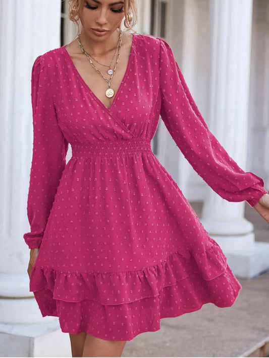 Swiss Dot Surplice Smocked Ruffle Hem Dress-sassyexpress