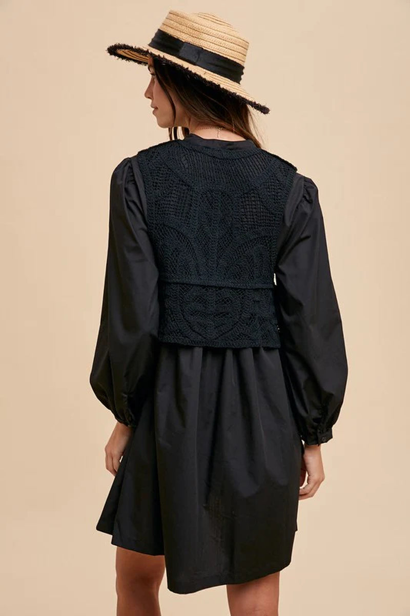 Annie Wear Crochet Vest Notched Long Sleeve Shirt Dress-sassyexpress