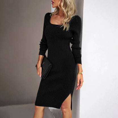 Elegant Ribbed Midi Dress with Side Slit-sassyexpress