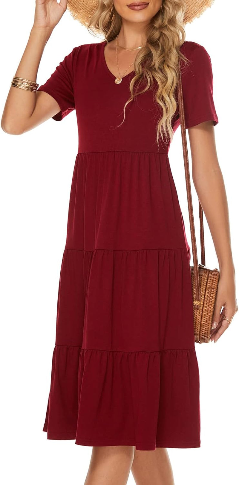 Women'S Casual Summer Tiered Midi Dress 2025 Short Sleeve V-Neck Loose Cotton Ruffle Babydoll Dress Boho Sundress