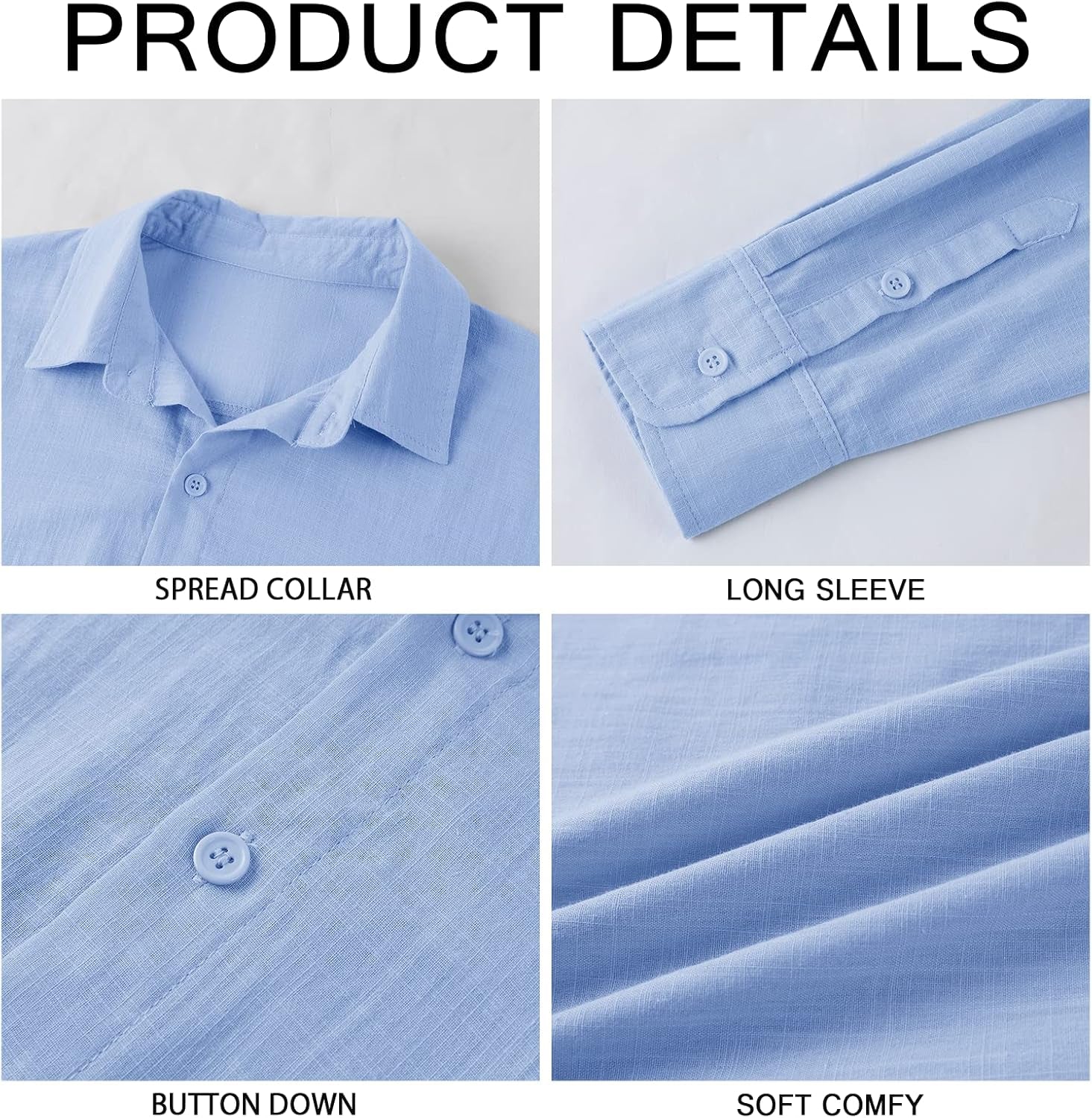 Mens Button down Shirt Linen Cotton Shirts Casual Long Sleeve Spread Collar Lightweight Beach Plain Tops-sassyexpress
