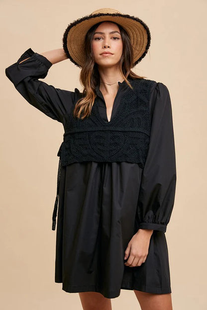 Annie Wear Crochet Vest Notched Long Sleeve Shirt Dress-sassyexpress