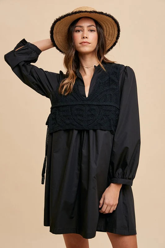 Annie Wear Crochet Vest Notched Long Sleeve Shirt Dress-sassyexpress