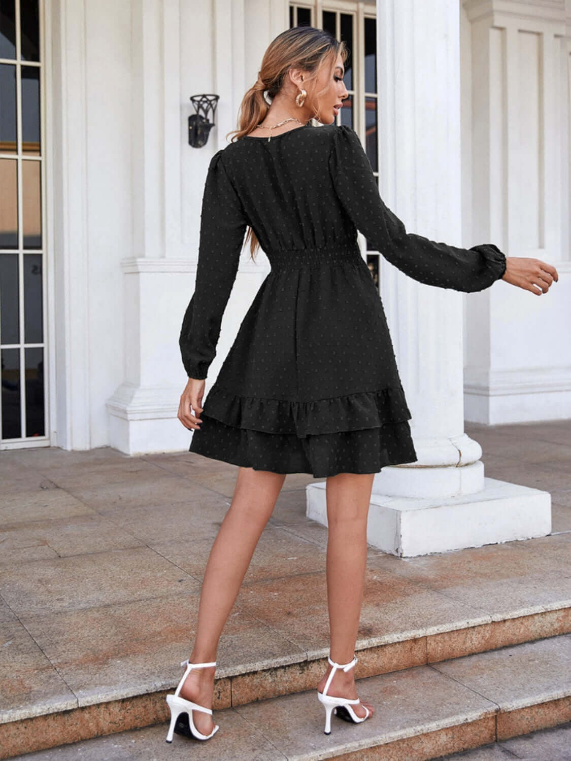Swiss Dot Surplice Smocked Ruffle Hem Dress-sassyexpress