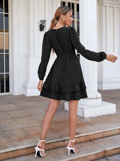 Swiss Dot Surplice Smocked Ruffle Hem Dress-sassyexpress