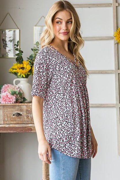 Heimish Full Size Short Sleeve Crisscross Animal Babydoll Top plus Size-sassyexpress