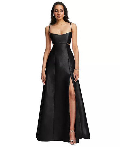 Womens Open Neckline Cutout Satin Twill A-Line Gown with Pockets-sassyexpress