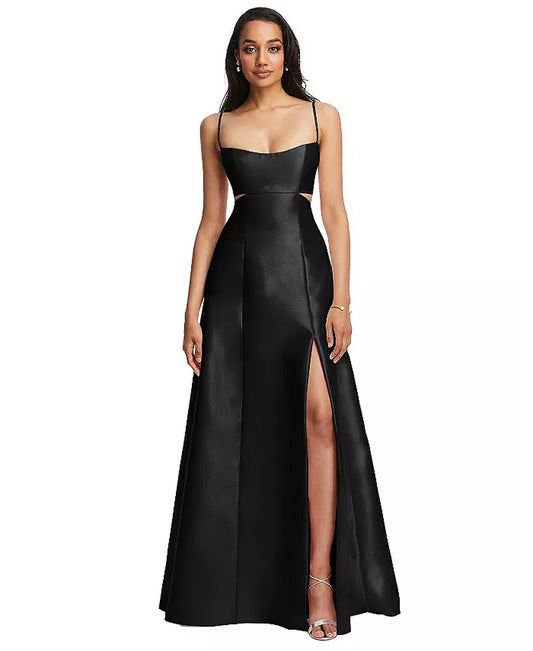 Womens Open Neckline Cutout Satin Twill A-Line Gown with Pockets-sassyexpress