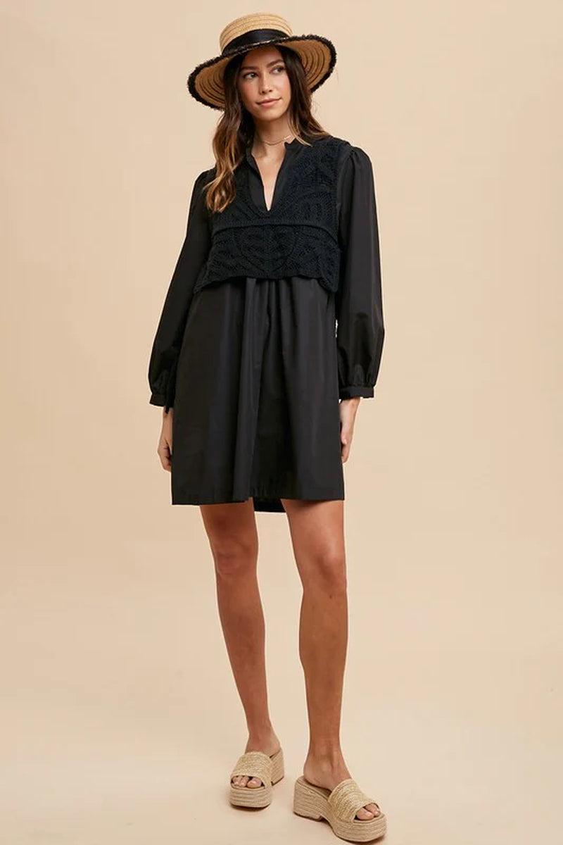 Annie Wear Crochet Vest Notched Long Sleeve Shirt Dress-sassyexpress