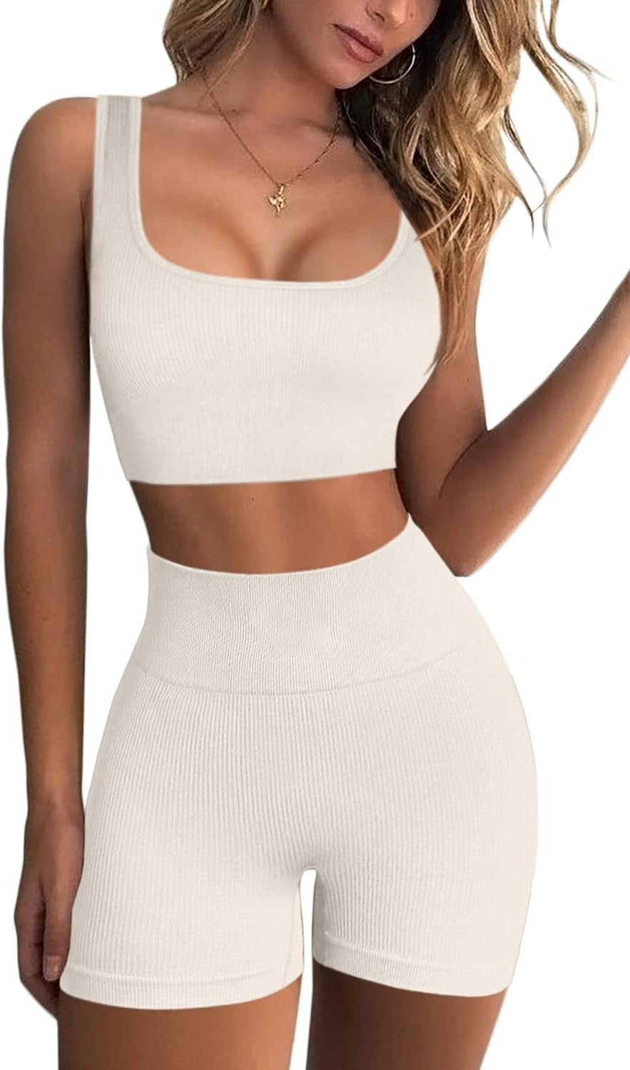 Womens Yoga Short Leggings 2 Piece Outfits Running Crop Top Seamless High Waist Booty Shorts Beige M-sassyexpress