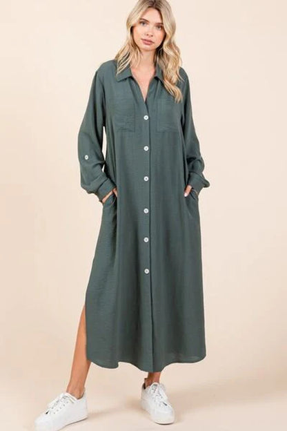 Mittoshop Airflow V-Neck Long Sleeve Button down Maxi Dress-sassyexpress