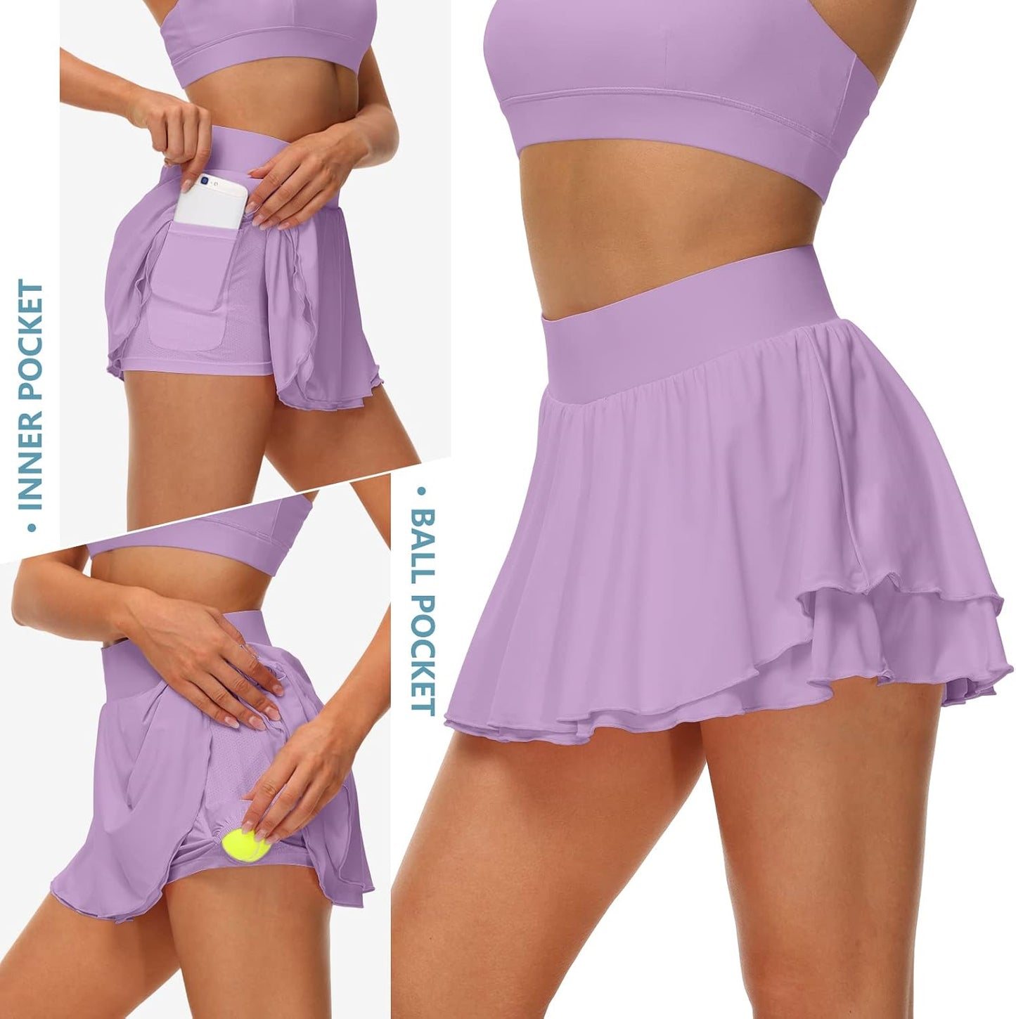 Women'S Athletic Tennis Skirts with Pockets 13In Ruffle Golf Running Workout Ice Silk Flowy Skorts with Sports Shorts-sassyexpress