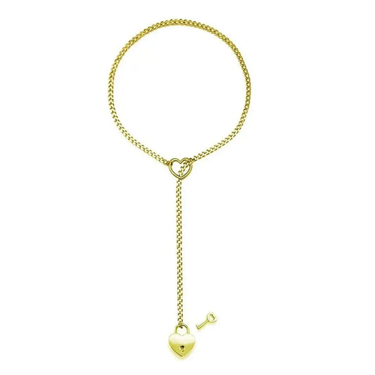 Adjustable Heart O-Ring Punk Rock Cuban Chain Necklace – Lariat Y-Style Necklace with Key & Heart Lock Pendant-sassyexpress