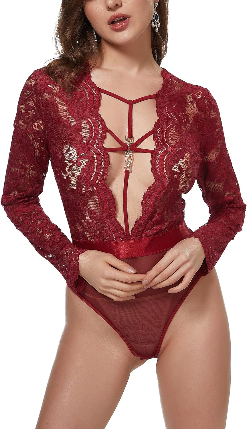 Women Lace Bodysuit Sexy Snap Crotch Long Sleeve Deep V Teddy Lingerie Tops-sassyexpress