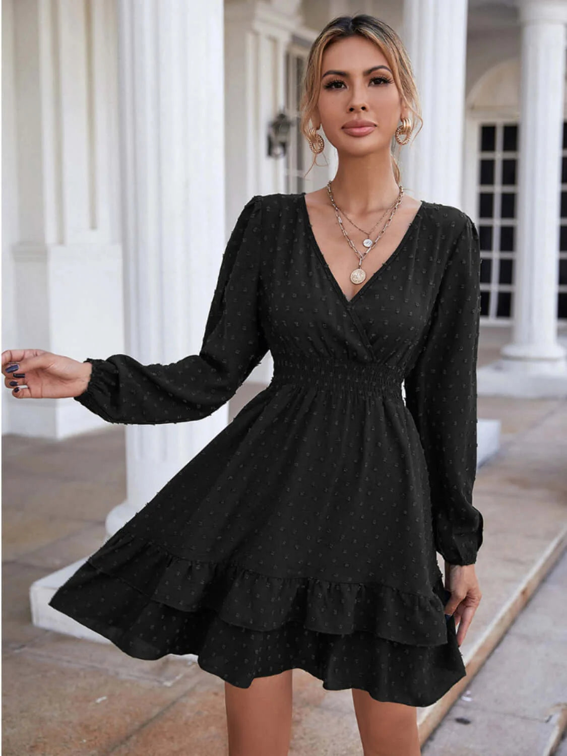 Swiss Dot Surplice Smocked Ruffle Hem Dress-sassyexpress