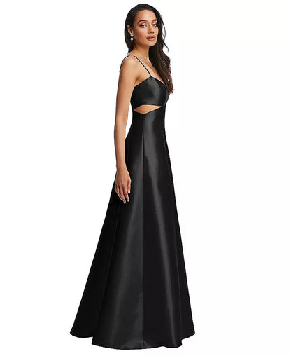 Womens Open Neckline Cutout Satin Twill A-Line Gown with Pockets-sassyexpress