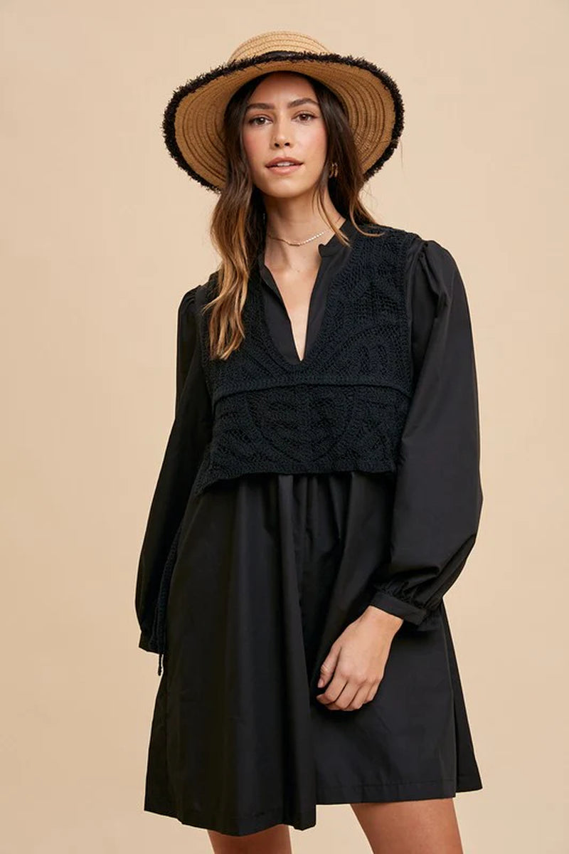 Annie Wear Crochet Vest Notched Long Sleeve Shirt Dress-sassyexpress