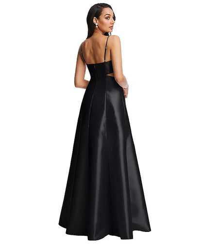 Womens Open Neckline Cutout Satin Twill A-Line Gown with Pockets-sassyexpress